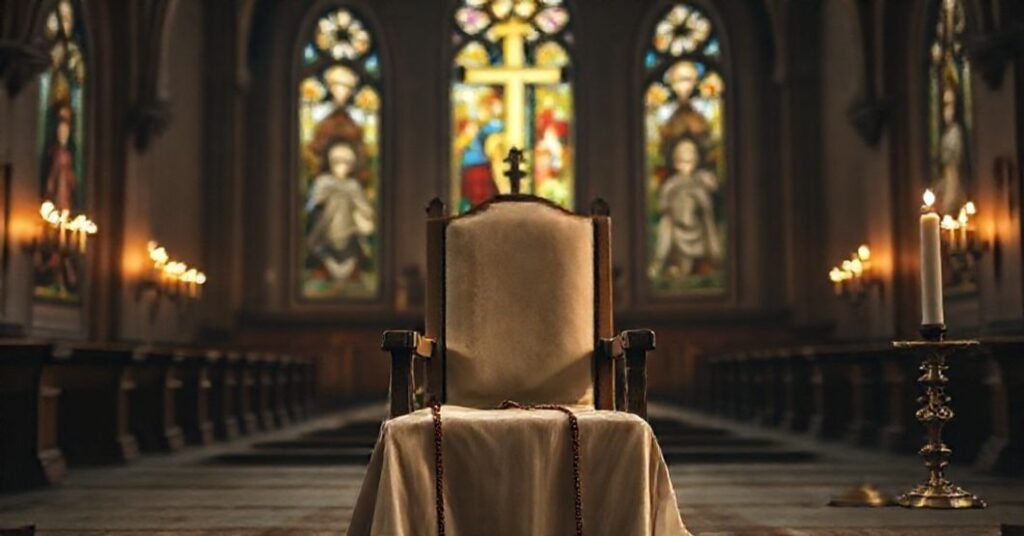 Pusty fotel symbolizujący brak prawdziwej papieskiej władzy w Kościele po Soborze Watykańskim II