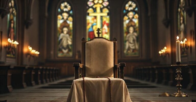 Pusty fotel symbolizujący brak prawdziwej papieskiej władzy w Kościele po Soborze Watykańskim II