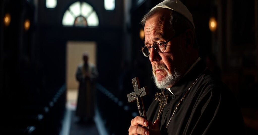 Traditionalny kapłan katolicki w smutnej modlitwie w kościele, z widokiem na nowoczesnych hierarchów sekty posoborowej w tle.