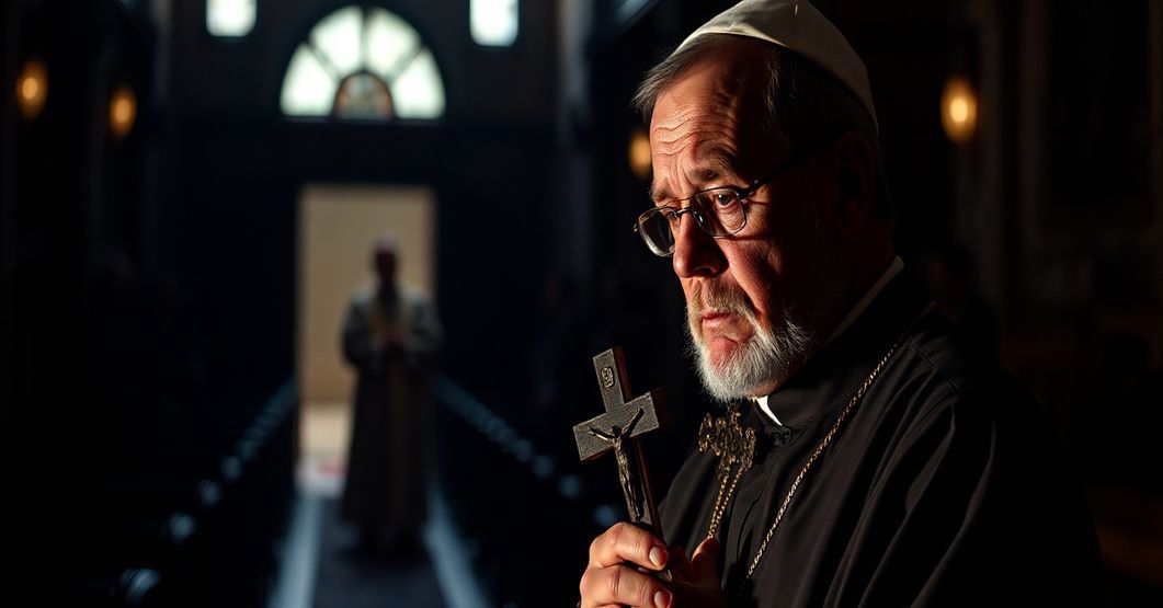 Traditionalny kapłan katolicki w smutnej modlitwie w kościele, z widokiem na nowoczesnych hierarchów sekty posoborowej w tle.