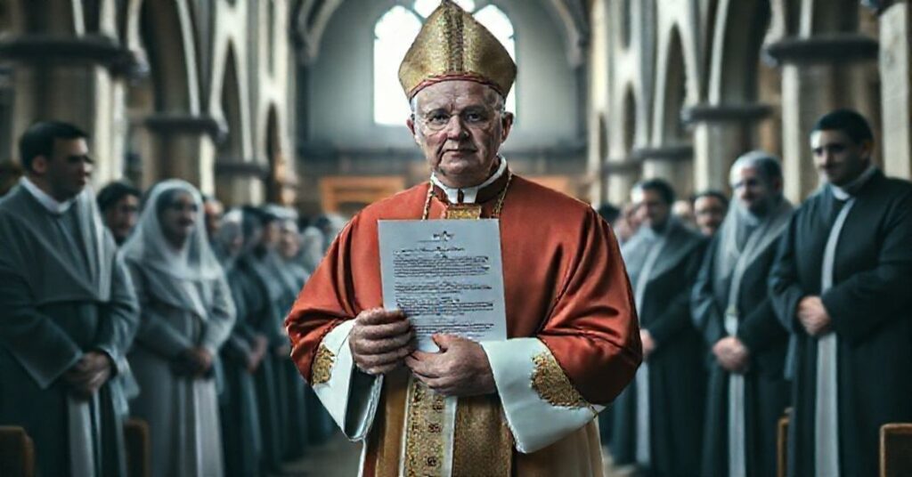 Tradycyjny biskup w stroju liturgicznym stojący przed zgromadzeniem laikatu i duchowieństwa w niemieckiej kościele, symbolizujący kryzys autorytetu w Kościele.