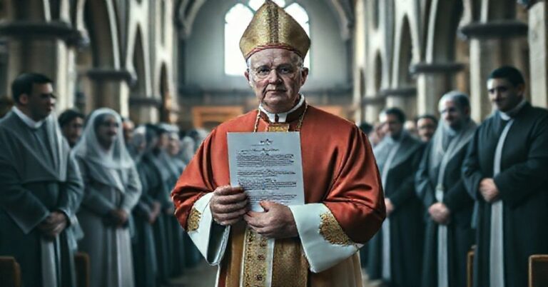Tradycyjny biskup w stroju liturgicznym stojący przed zgromadzeniem laikatu i duchowieństwa w niemieckiej kościele, symbolizujący kryzys autorytetu w Kościele.