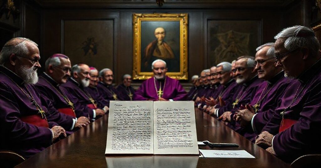 Pomieszczenie konferencyjne z biskupami w purpurowych ornatach dyskutującymi wokół listu otwartego ks. Grzegorza Strzelczyka o niezależności komisji badających przypadki wykorzystywania seksualnego.