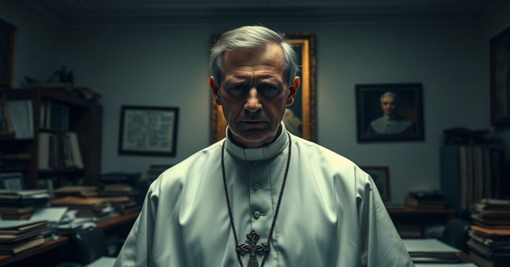 Portret zmęczonego pracownika Watykanu w tradycyjnym stroju duchownego, stojącego w ciemnym biurze kurii pełnym przestarzałych dokumentów. Wyznawcza nuda i rozpacz na twarzy symbolizują kryzys autorytetu w Kościele po Soborze.