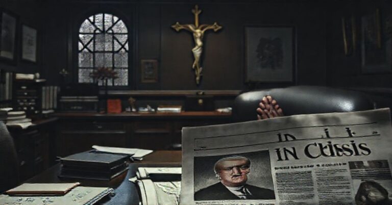 Ciemny biurko BBC w kryzysie z krzyżem na ścianie i czasopismem z nagłówkiem 'BBC w kryzysie' obok zdjęcia Donalda Trumpa.