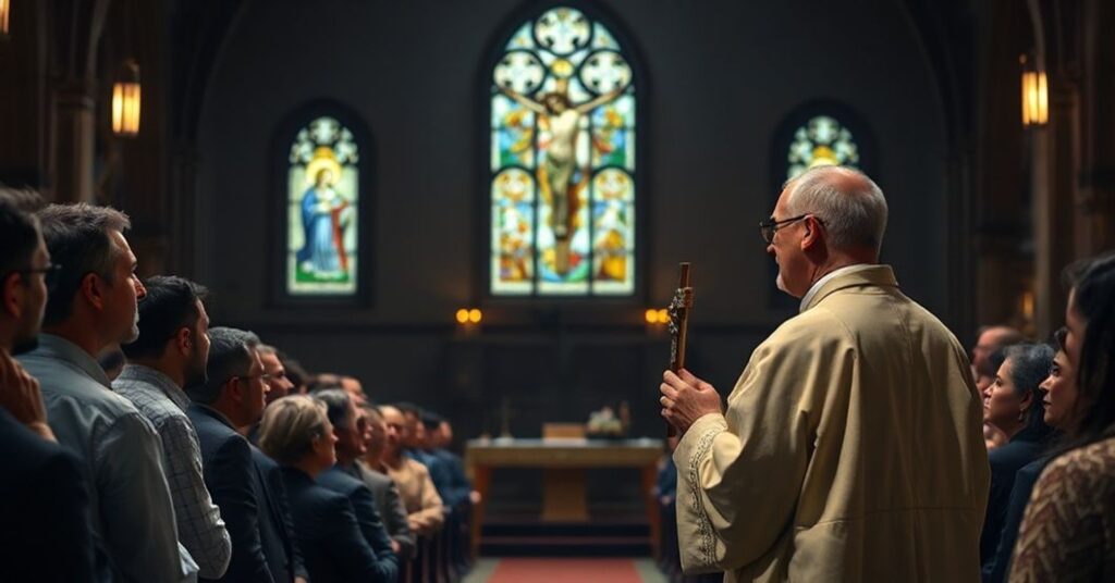 Ksiądz w tradycyjnym stroju liturgicznym stoi w ciemnym kościele, trzymając krzyż, patrząć na podzieloną społeczność wyglądającą na podzieloną. Scena symbolizuje kryzys człowieczeństwa bez łaski, z niektórymi twarzami wykazującymi odrażenie.