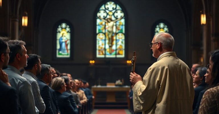Ksiądz w tradycyjnym stroju liturgicznym stoi w ciemnym kościele, trzymając krzyż, patrząć na podzieloną społeczność wyglądającą na podzieloną. Scena symbolizuje kryzys człowieczeństwa bez łaski, z niektórymi twarzami wykazującymi odrażenie.