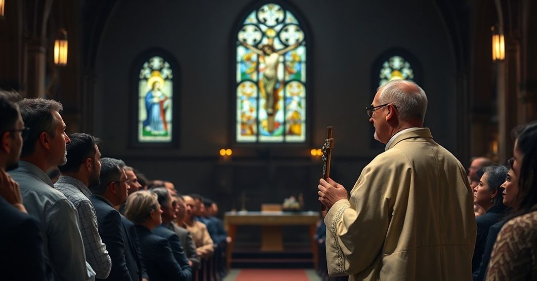 Ksiądz w tradycyjnym stroju liturgicznym stoi w ciemnym kościele, trzymając krzyż, patrząć na podzieloną społeczność wyglądającą na podzieloną. Scena symbolizuje kryzys człowieczeństwa bez łaski, z niektórymi twarzami wykazującymi odrażenie.