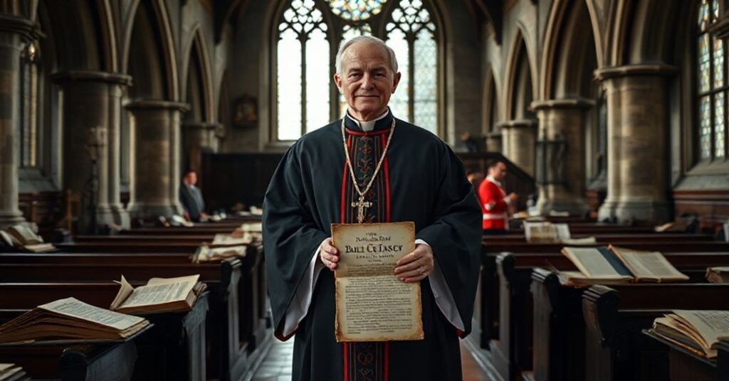 Tradycyjny katolicki ksiądz w starym kościele angielskim otoczony fragmentami książek modlitewnych i symboli anglikańskimi, symbolizujący fałszywe ekumeniczne nawrócenie anglikańskiego duchowieństwa.