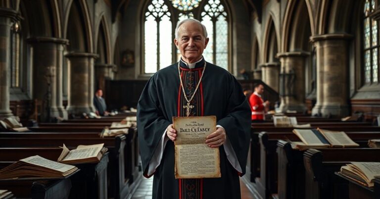 Tradycyjny katolicki ksiądz w starym kościele angielskim otoczony fragmentami książek modlitewnych i symboli anglikańskimi, symbolizujący fałszywe ekumeniczne nawrócenie anglikańskiego duchowieństwa.