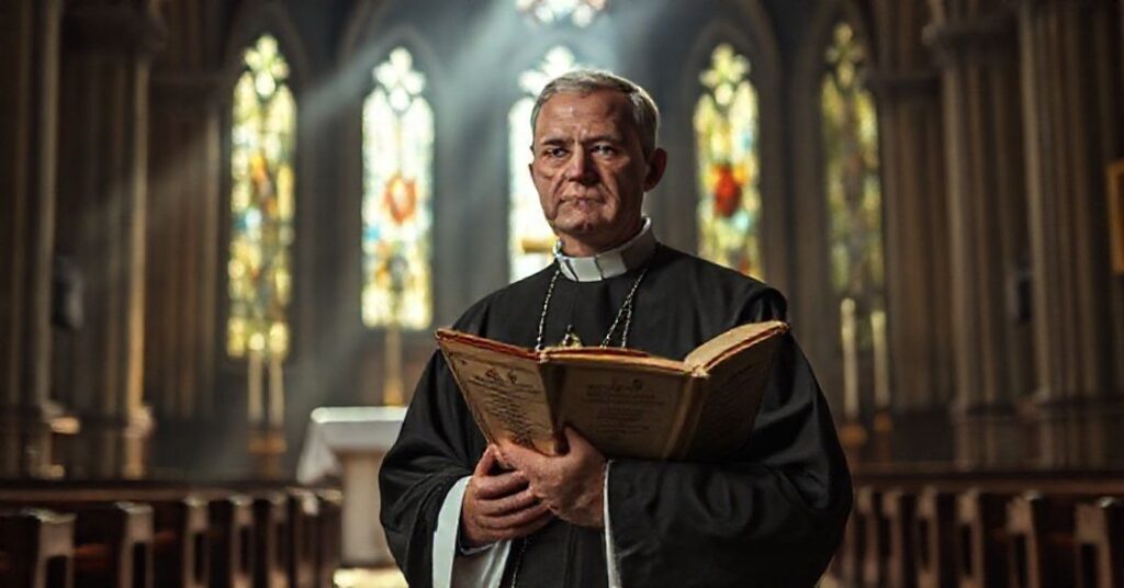 Tradycyjny ksiądz w szatach liturgicznych stoi przed pustym ołtarzem w słabo oświetlonym wnętrzu kościoła