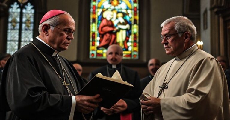 Sobór katolicki z biskupami dyskutującymi o kryzysie doktrynalnym w nowoczesnym Kościele