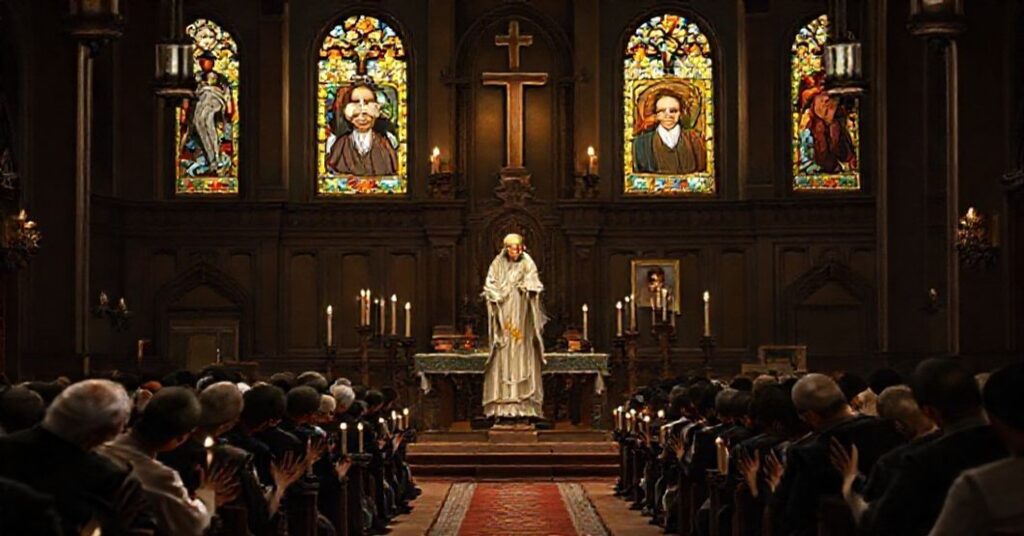 Sobór katolicki z tradycyjnym ołtarzem i modlącymi się wiernymi, symbolizujący kryzys doktrynalny w Kościele.