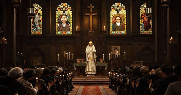 Sobór katolicki z tradycyjnym ołtarzem i modlącymi się wiernymi, symbolizujący kryzys doktrynalny w Kościele.