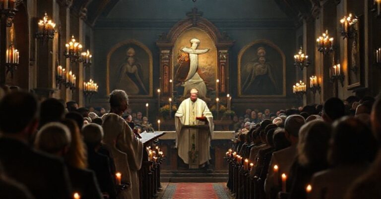 Sobór kaplicy z tradycyjnymi katolickimi ikonami, gdzie Ojciec Chad Ripperger przekonująco przemawia do zgromadzonej publiczności na temat kryzysu duchowieństwa.