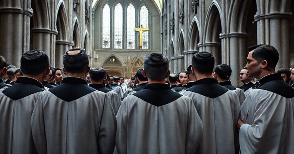 Młodzi francuscy księża w tradycyjnych strojach kościelnych celebrujące nową mszę z elementami ad orientem, prezentując kryzys duchowy w sekcie posoborowej.