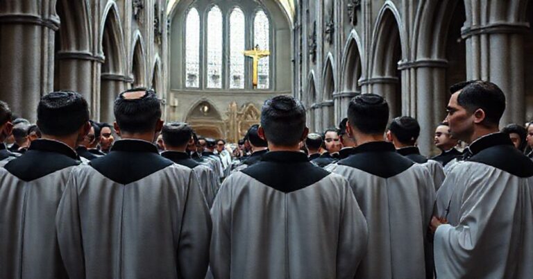 Młodzi francuscy księża w tradycyjnych strojach kościelnych celebrujące nową mszę z elementami ad orientem, prezentując kryzys duchowy w sekcie posoborowej.