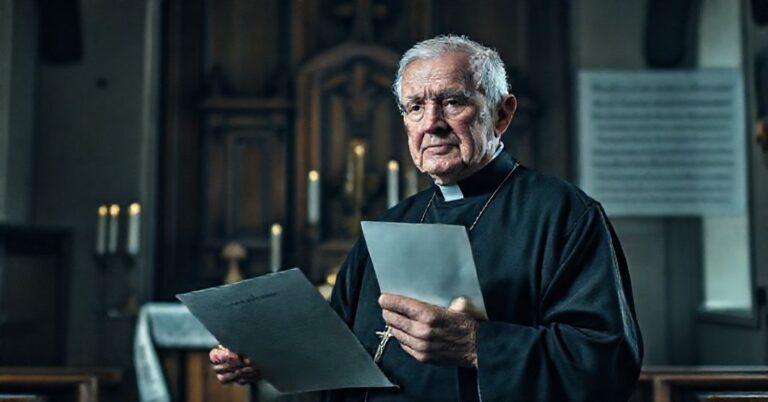 Prawdziwy katolicki ksiądz w tradycyjnym ornaty stoi przed ołtarzem z adwentowymi świecami. Tło przedstawia nowoczesną kościelną wnętrze z minimalistycznym wystrojem.