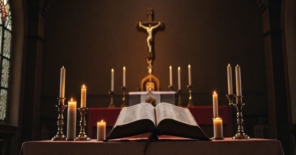 Tradycyjny ołtarz kościelny z świecami, krucyfiksem i otwartą Biblią symbolizujący kryzys duchowy ery posoborowej.