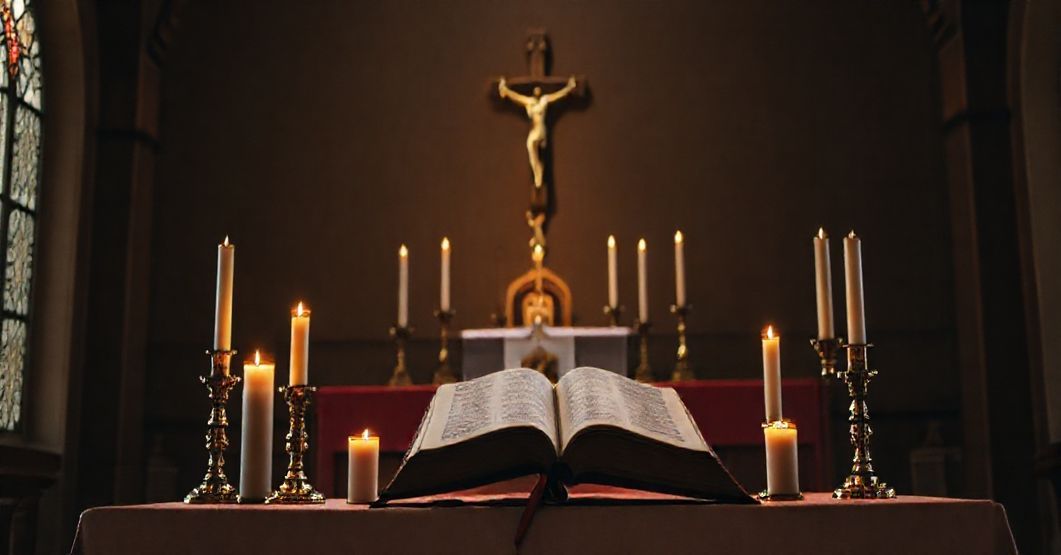 Tradycyjny ołtarz kościelny z świecami, krucyfiksem i otwartą Biblią symbolizujący kryzys duchowy ery posoborowej.