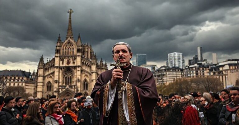 Ksiądz w tradycyjnych szatach liturgicznych przed francuską katedrą, z krucyfiksem w dłoni, przemawia do tłumu obywateli na tle burzliwego nieba.