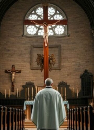Kryzys duchowy Francji a utrata katolickiej tradycji Rewersyjne, realistyczne zdjęcie katolickiego kościoła z kapłanem modlącym się przy krzyżu, symbolizujące kryzys duchowy Francji i odrzucenie katolickiego dziedzictwa
