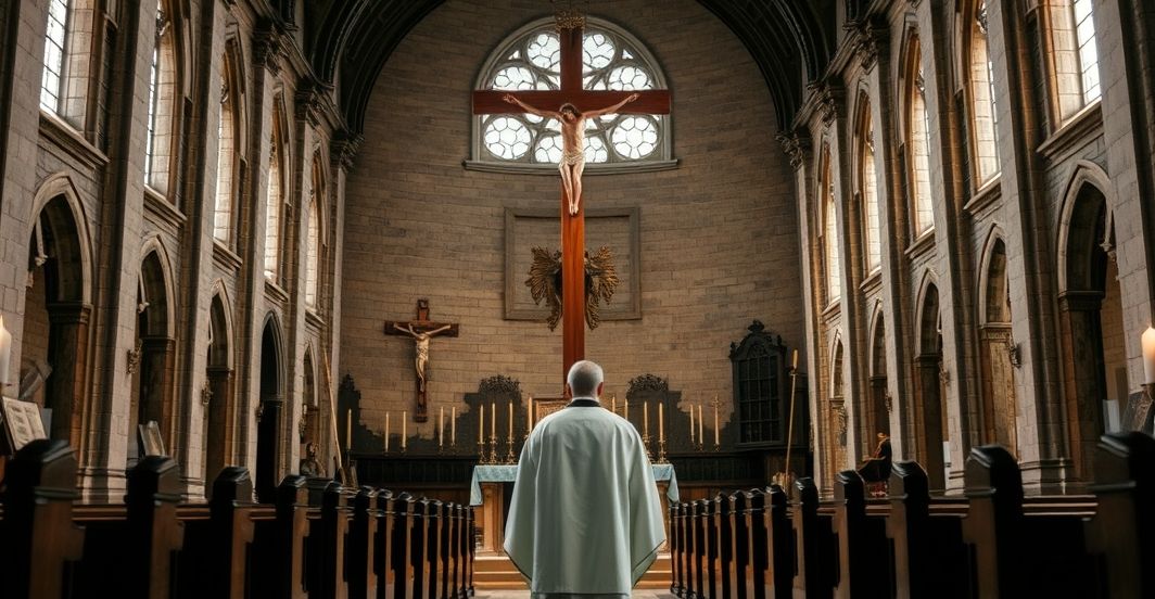 Kryzys duchowy Francji a utrata katolickiej tradycji Rewersyjne, realistyczne zdjęcie katolickiego kościoła z kapłanem modlącym się przy krzyżu, symbolizujące kryzys duchowy Francji i odrzucenie katolickiego dziedzictwa