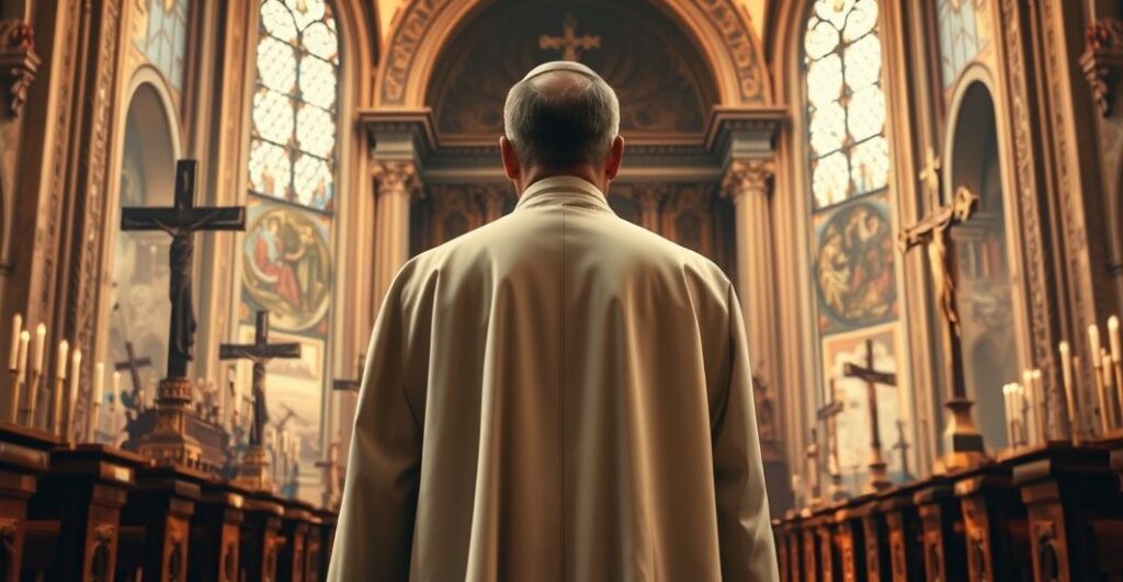 Duchown katolicki w tradycyjnym stroju w świątyni, symbolizujący kryzys duchowy i zdradę wiary w kontekście sekularyzacji Polski