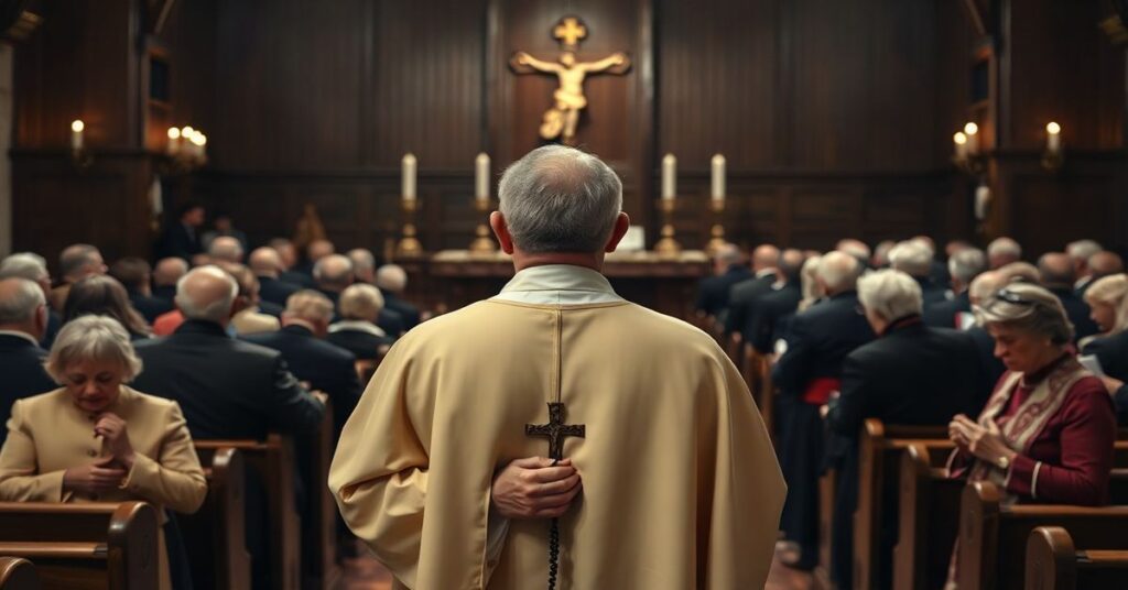 Tradycyjny ksiądz w liturgicznych szatach modli się przed ołtarzem w ciemnym kościele, symbolizując kryzys duchowy wśród katolików i potrzebę powrotu do prawdziwej wiary.