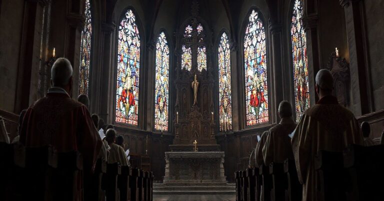 Sanktuarium katolickie z duchownymi w modlitwie, symbolizujące kryzys duchowy i apostazję w Kościele