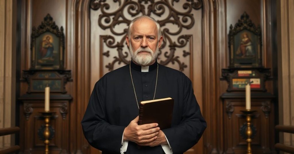 Czcigodny ksiądz w tradycyjnym sutannie stoi przed zamkniętymi drzwiami kościoła w Łodzi, trzymając Biblię. Tło przedstawia przyciemniony wnętrze kościoła z tradycyjnymi stacjonalnymi świecami.