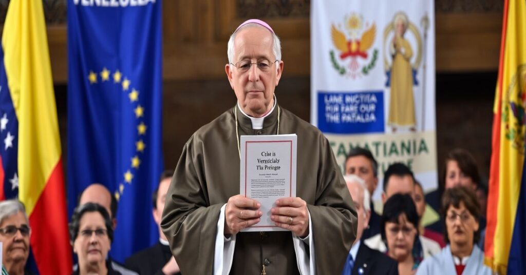 Katylicki biskup w tradycyjnych szatach liturgicznych stojący przed tłumem wiernych z encykliką 'Quas primas', symbolizujący kryzys duchowy po interwencji Stanów Zjednoczonych przeciwko Nicolásowi Maduro.