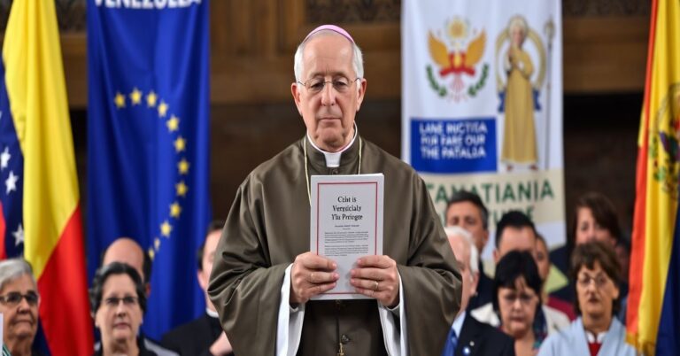 Katylicki biskup w tradycyjnych szatach liturgicznych stojący przed tłumem wiernych z encykliką 'Quas primas', symbolizujący kryzys duchowy po interwencji Stanów Zjednoczonych przeciwko Nicolásowi Maduro.