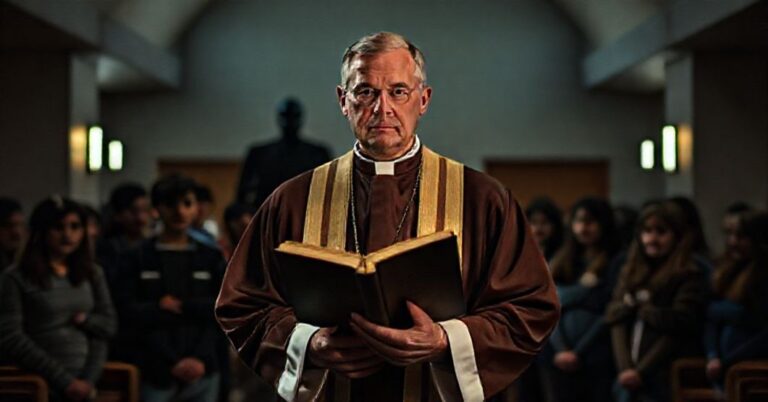 Tradycyjny ksiądz katolicki w starym kościele z młodzieżą współczesną