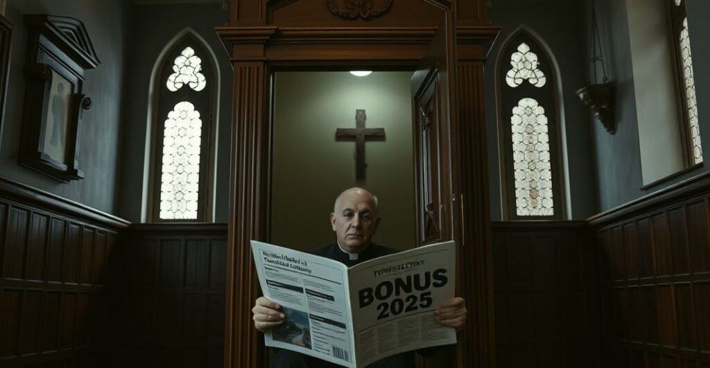 Wnętrze tradycyjnego kościoła katolickiego z konfesjonałem na pierwszym planie, symbolizujące kryzys duchowy współczesnego modernizmu w Kościele.