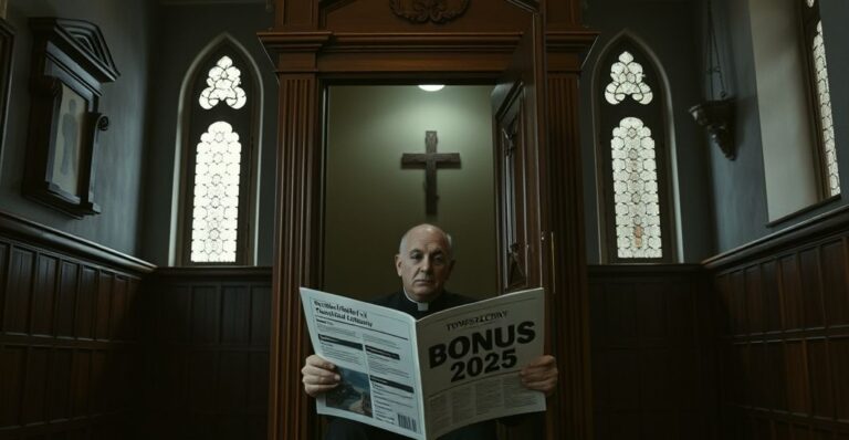 Wnętrze tradycyjnego kościoła katolickiego z konfesjonałem na pierwszym planie, symbolizujące kryzys duchowy współczesnego modernizmu w Kościele.