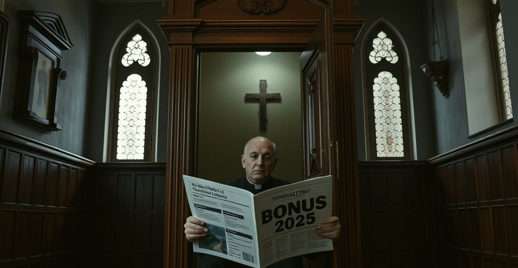 Wnętrze tradycyjnego kościoła katolickiego z konfesjonałem na pierwszym planie, symbolizujące kryzys duchowy współczesnego modernizmu w Kościele.