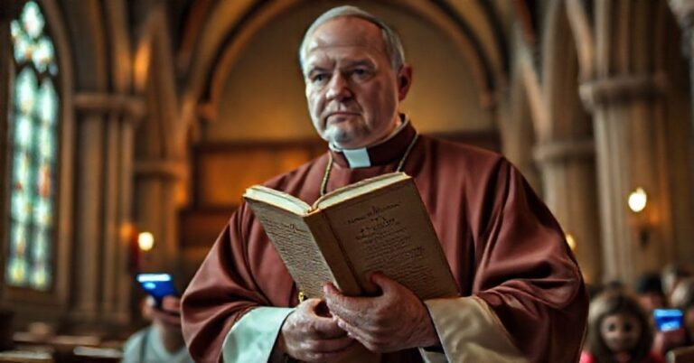 Ksiądz katolicki w tradycyjnym stroju liturgicznym trzyma encyklikę Piusa XI "Quas primas", z tłem dzieci pochłoniętych przez światło telefonu w kościele