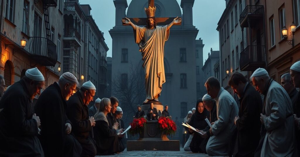Grupa tradycyjnych katolików modli się przed posągiem Chrystusa Króla na tle zdewastowanej architektury miejskiej.