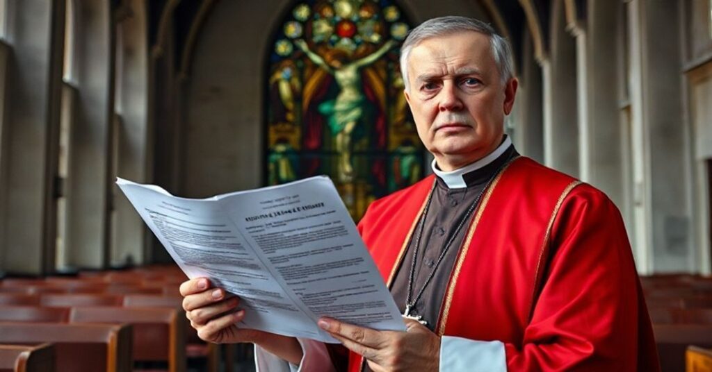 Stary kapłan w tradycyjnych szatach kapłańskich przed ruiną kościoła w Dublinie, trzymający zniszczony raport finansowy.