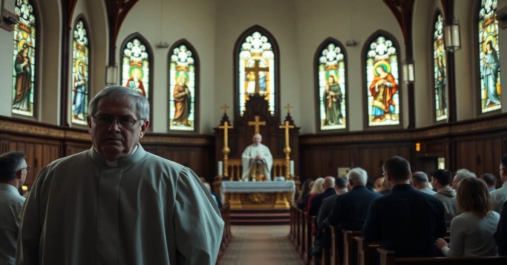 Wnętrze tradycyjnego kościoła katolickiego z ołtarzem i wiernymi w modlitwie.