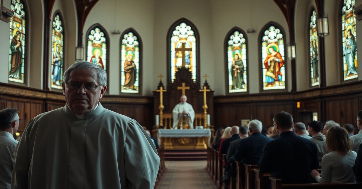 Wnętrze tradycyjnego kościoła katolickiego z ołtarzem i wiernymi w modlitwie.