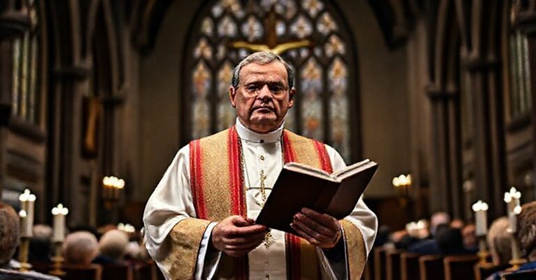 Sobór katolicki z tradycyjnym ołtarzem i duchownym w stroju liturgicznym