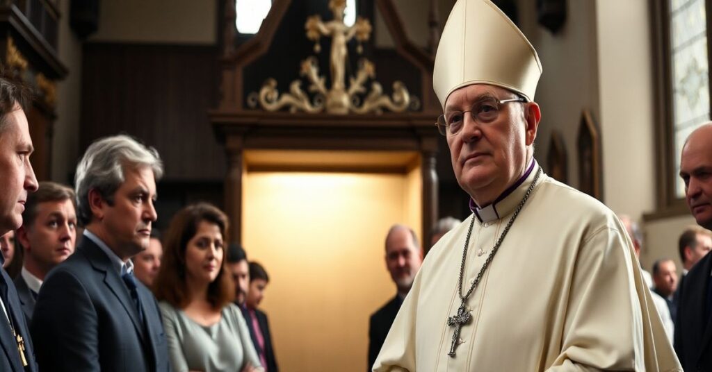 Arcybiskup Wojciech Polak w tradycyjnym kościele katolickim otoczony wiernymi.