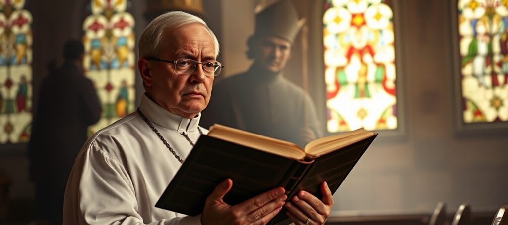 Tradycyjny ksiądz katolicki w ciemnym kościele z Biblią w ręku i cieniutkim obrazem uzurpatora na tle.