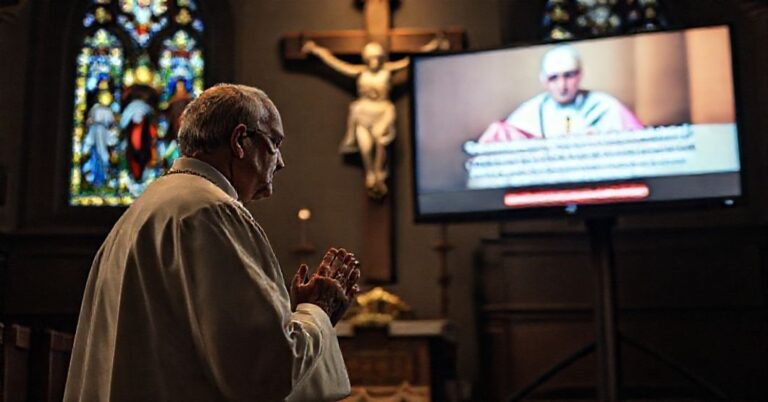 Kneeling priest in front of a crucifix with a worried expression, symbolizing the spiritual crisis in modern Catholicism.