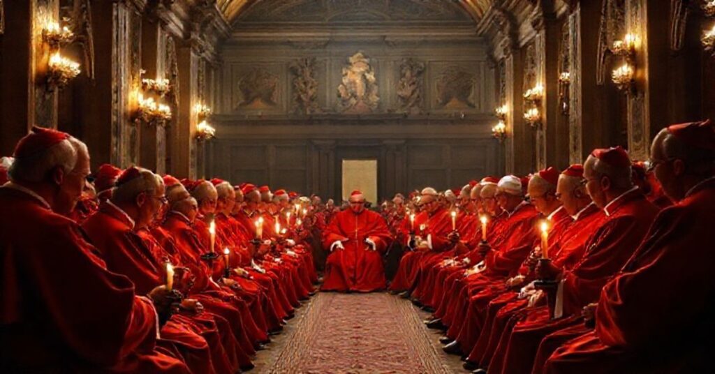 Grupa kardynałów w tradycyjnych szatach w Watykanie, symbolizująca kryzys duchowy w Kościele