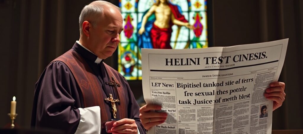 Ksiądz w tradycyjnym stroju liturgicznym modli się przed ołtarzem kościoła z gazetą o nowym zespole Kongresu USA ds. nadużyć seksualnych