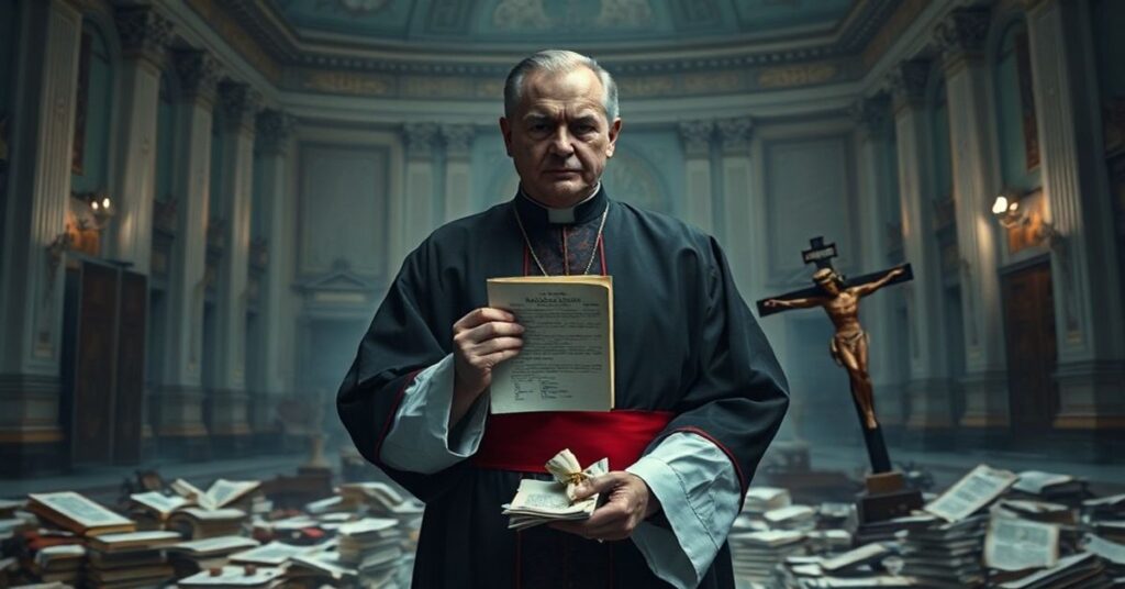 Tradycyjny kapłan katolicki w szatach liturgicznych przed zakazanym ołtarzem z dokumentem "laicyzacji" w ręku. Tło przedstawia ciemne wnętrze Watykanu, symbolizujące korupcję administracyjną.