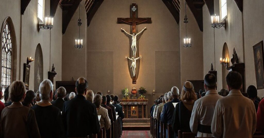 Tradycyjny wnętrze kościoła z krzyżem w centrum, ukazujące moment modlitwy grupy ludzi w tradycyjnych strojach, wyrażające pokorę i smutek z powodu kryzysu finansowego jako konsekwencji odrzucenia Chrystusa Króla.